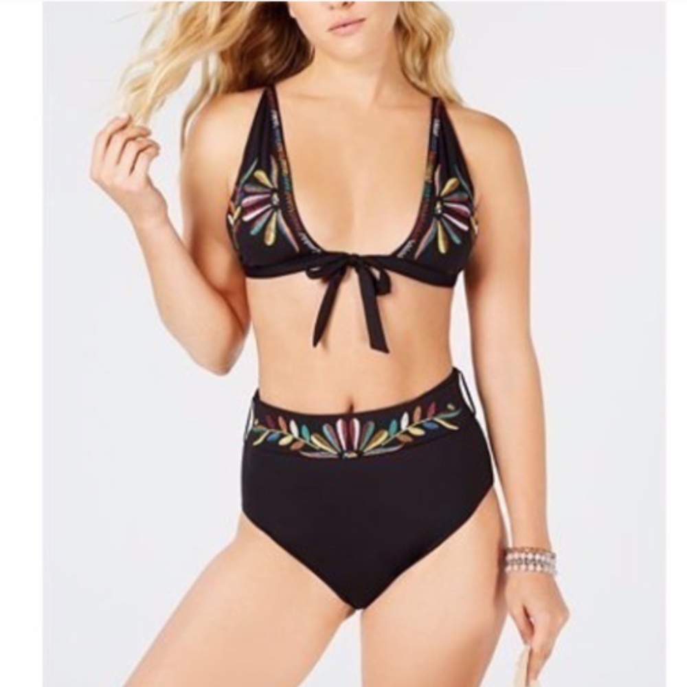Soluna swim bikini black embroidery L large belted bottoms tie front top